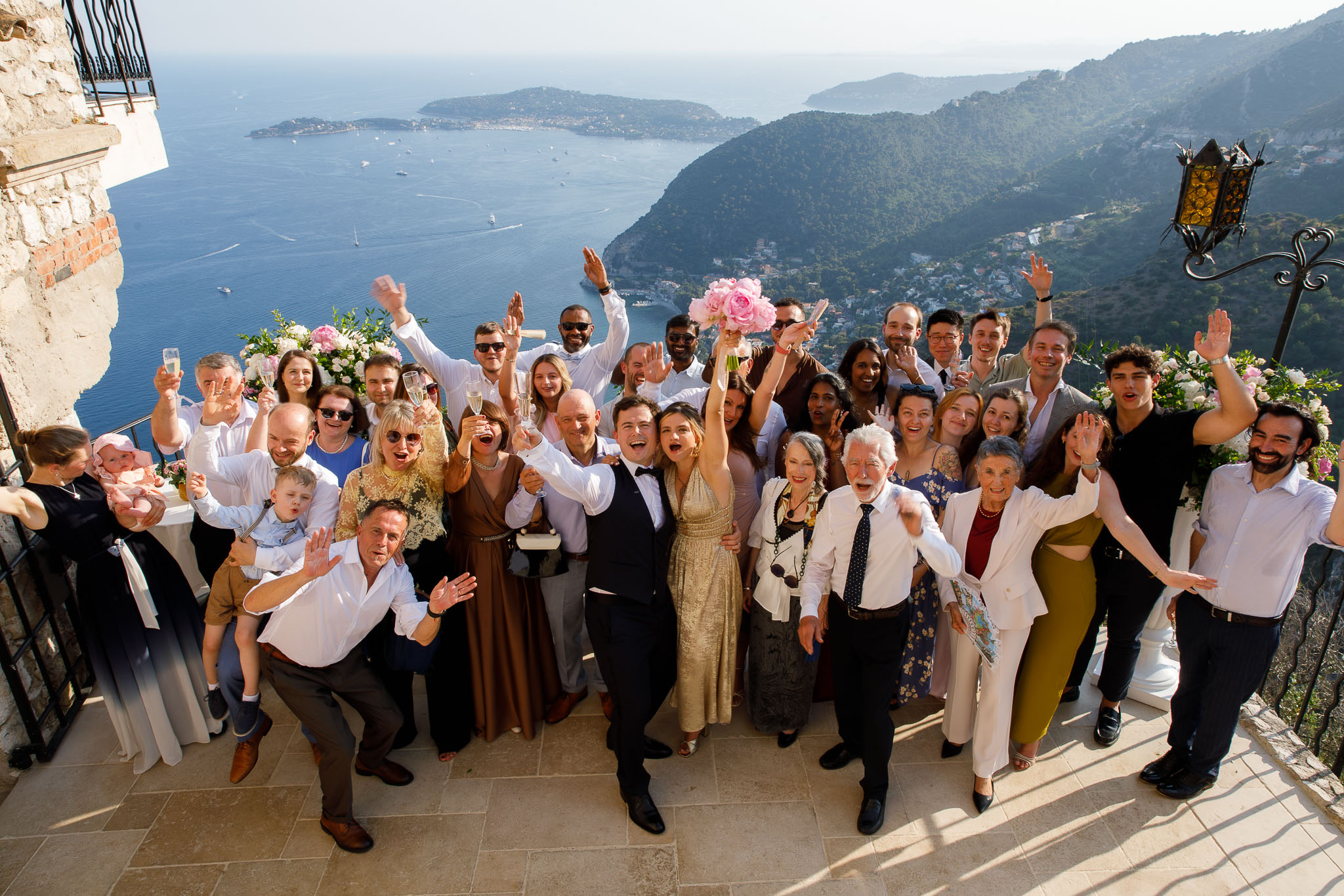“Santé (cheers)” to the newly married couple, celebrated at Château Eza.