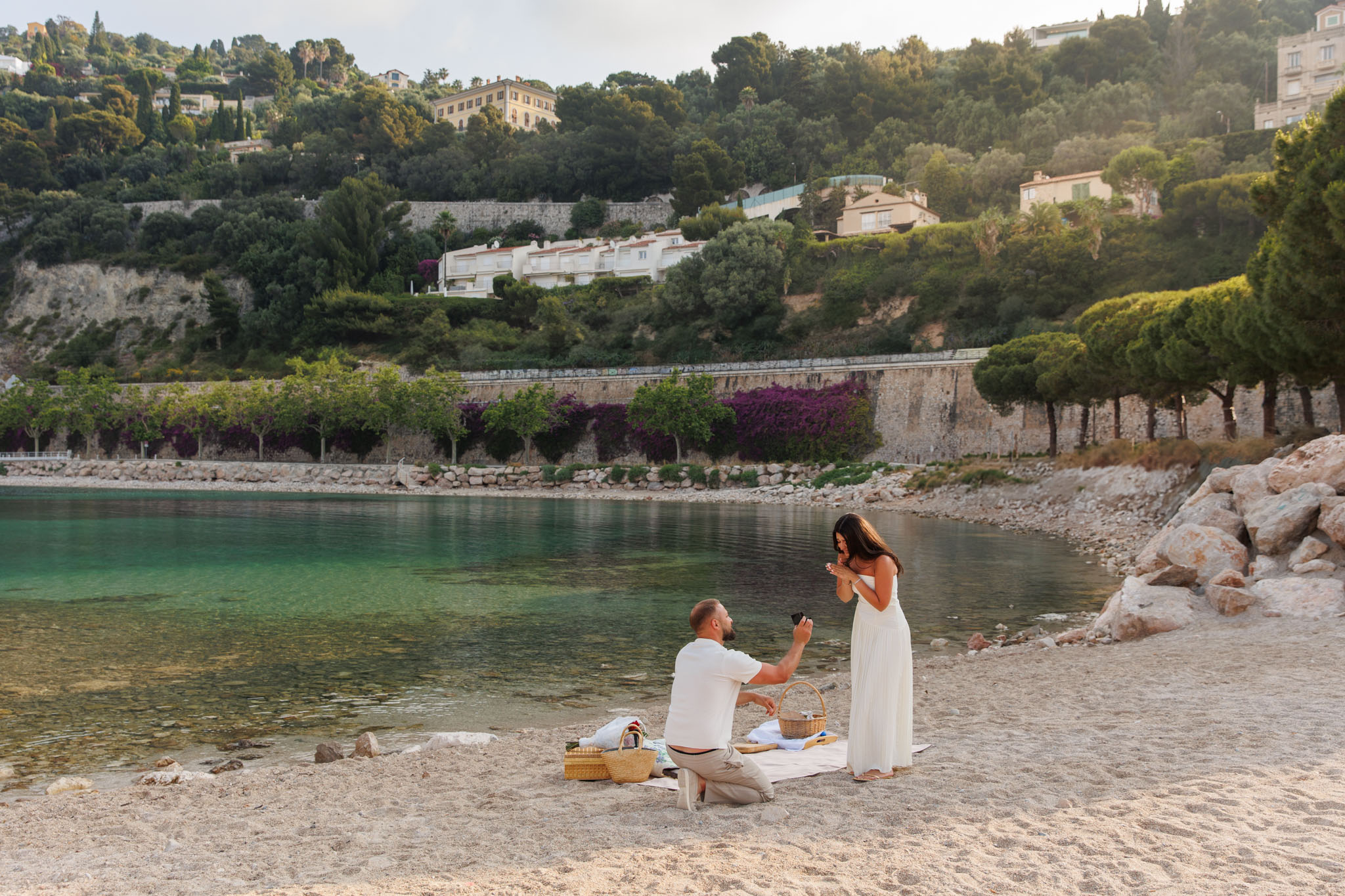 Anita Tissier Photography - romantic proposal during sunrise on a beach in Villefranche-sur-Mer